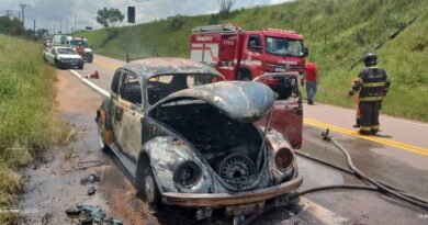Carro pega fogo na marginal da SP-75, em Itu