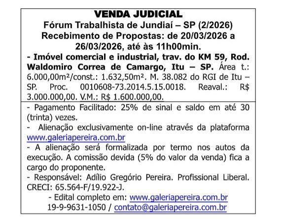 Venda Judicial Imóvel na Rodovia Waldomiro Correa de Camargo