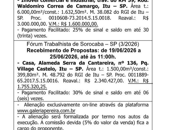 Venda Judicial: imóvel residencial e imóvel comercial/industrial